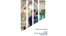 Photograph of artist Pengyuan Wang with white bars overlaid. Text reads "Pengyuan Wang 2024 Solo Oil Painting Exhibition"